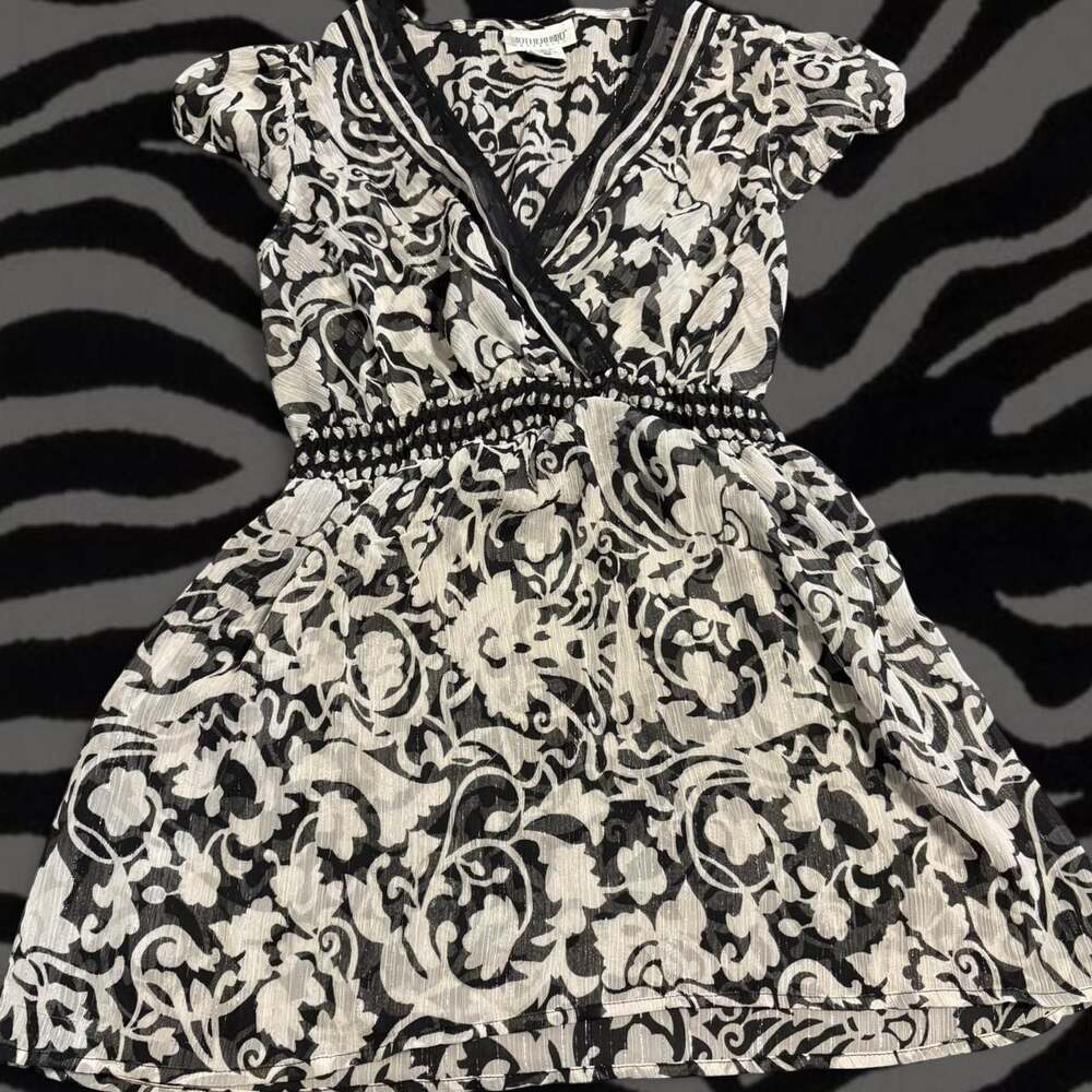 Y2K Motherhood Maternity Black and White Floral Babydoll Blouse, Size S